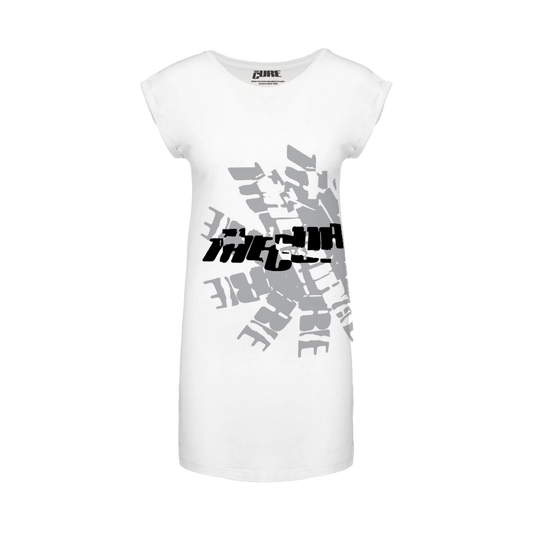 Women's t-shirt dress in white featuring a cracked "The Cure" logo in black over a grey stamped logo design, wrapping around the left side.