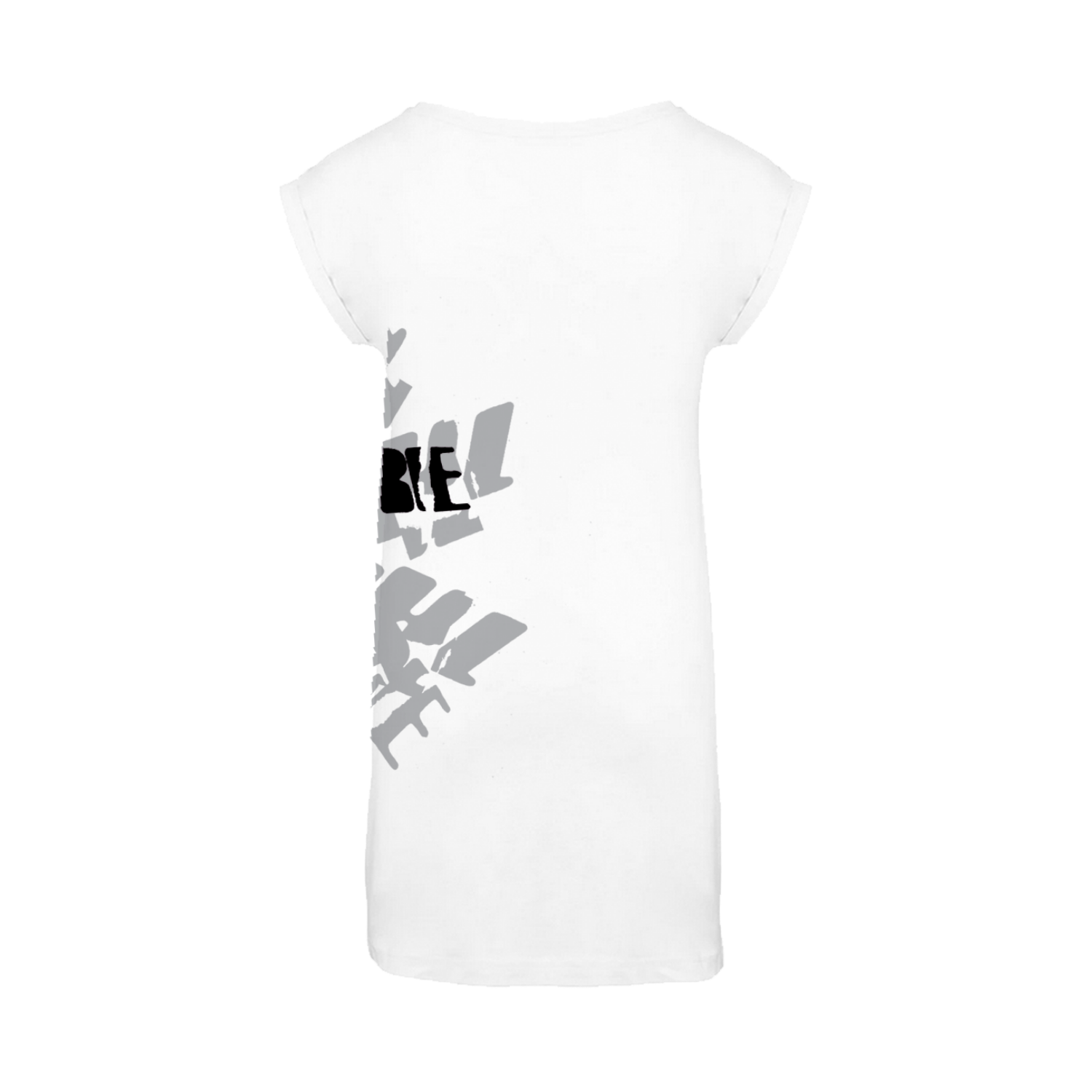 Women's t-shirt dress in white featuring a cracked "The Cure" logo in black over a grey stamped logo design, wrapping around the left side.