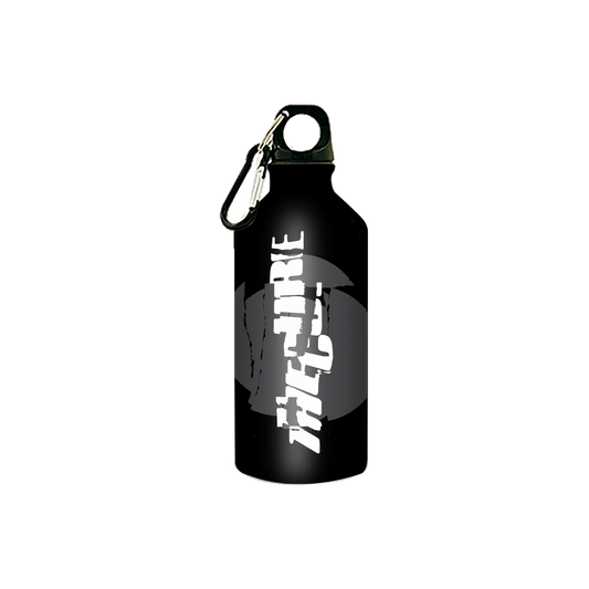 Black metal water bottle featuring a cracked "The Cure" logo in white over a grey circular design. 