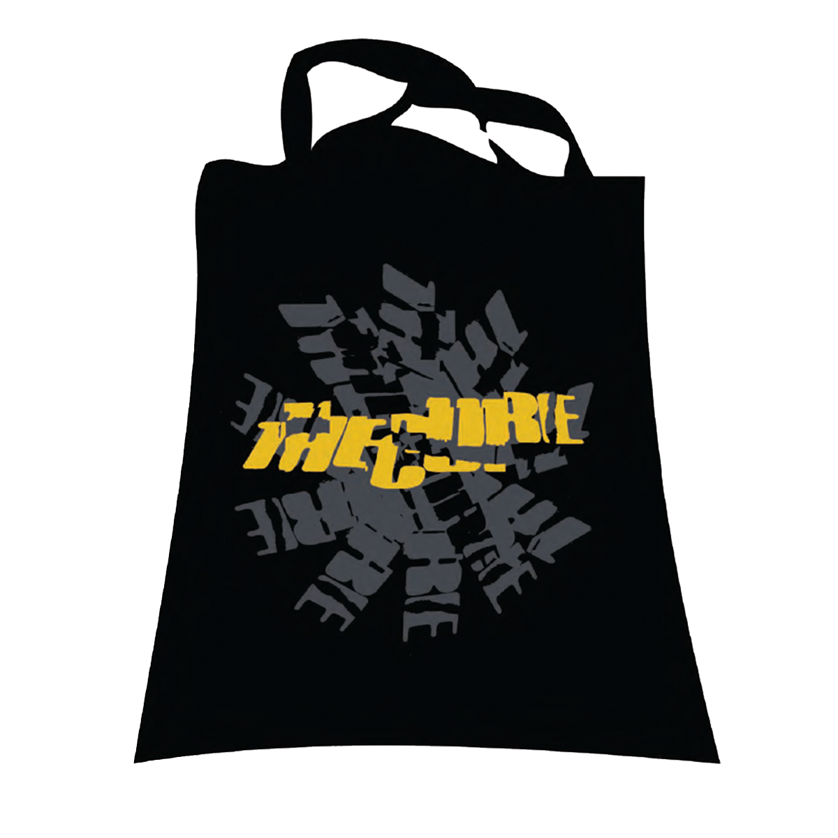 Black tote bag with cracked "The Cure" logo in yellow printed over a grey stamped logo design.
