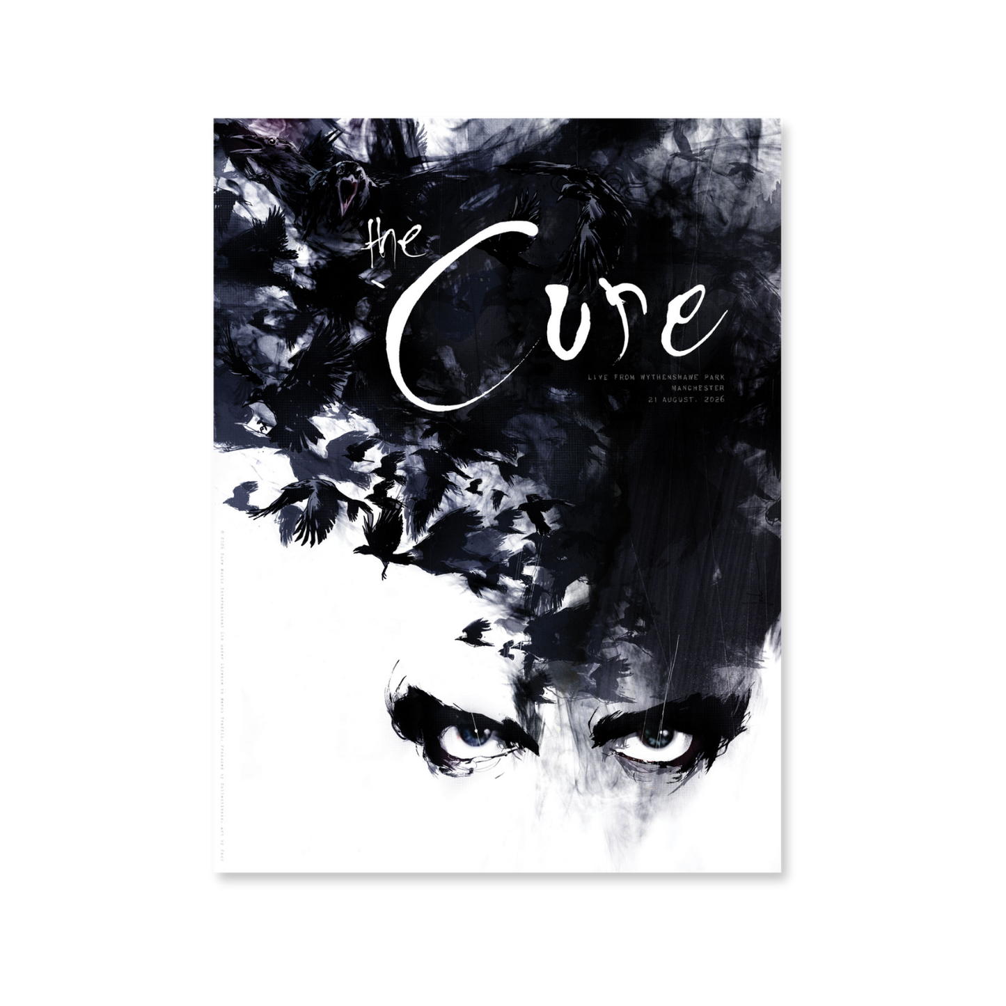 A vertical art poster featuring The Cure with dramatic black-and-white brushstrokes, birds, and the title text 'the Cure' in white script. 