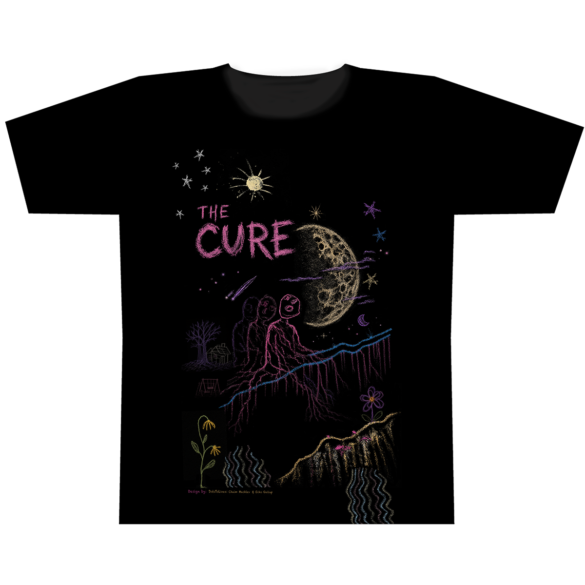 The Cure black tee with drawn artwork on the front
