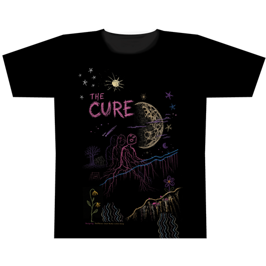 The Cure black tee with drawn artwork on the front