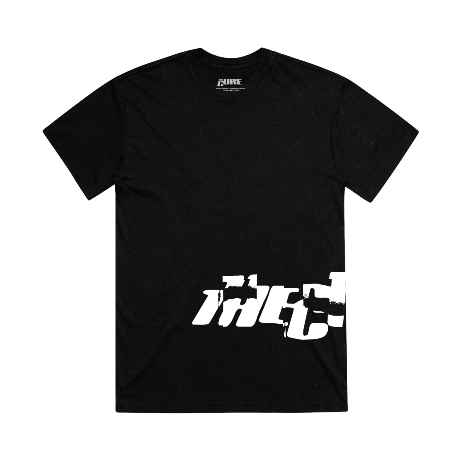 Classic fitting unisex t-shirt in black featuring a cracked "The Cure" logo design in white that wraps from front to back on the left side, and Summer 2026 tour dates on the back