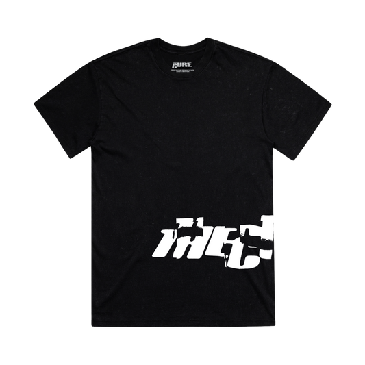 Classic fitting unisex t-shirt in black featuring a cracked "The Cure" logo design in white that wraps from front to back on the left side, and Summer 2026 tour dates on the back