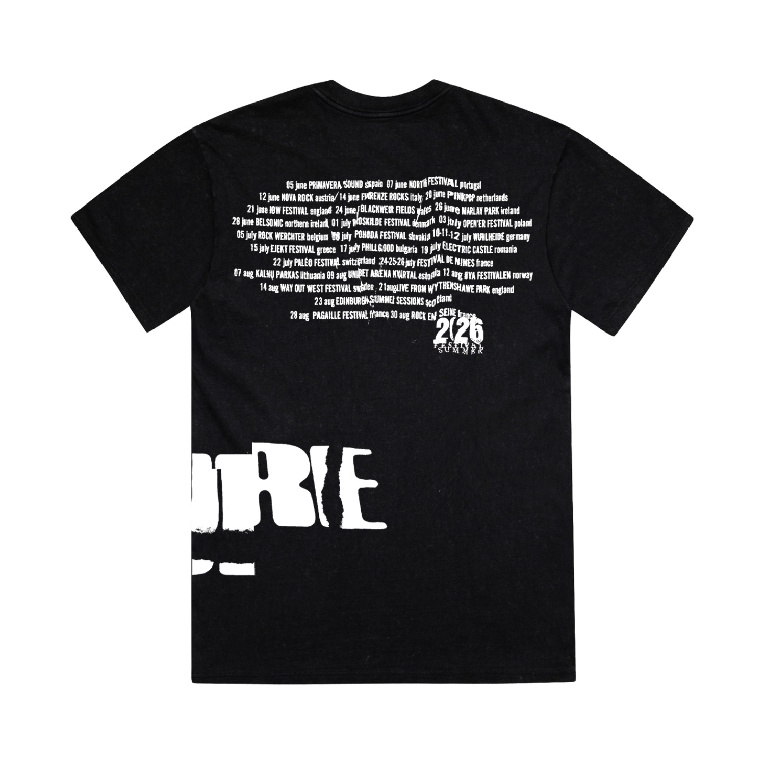 Classic fitting unisex t-shirt in black featuring a cracked "The Cure" logo design in white that wraps from front to back on the left side, and Summer 2026 tour dates on the back