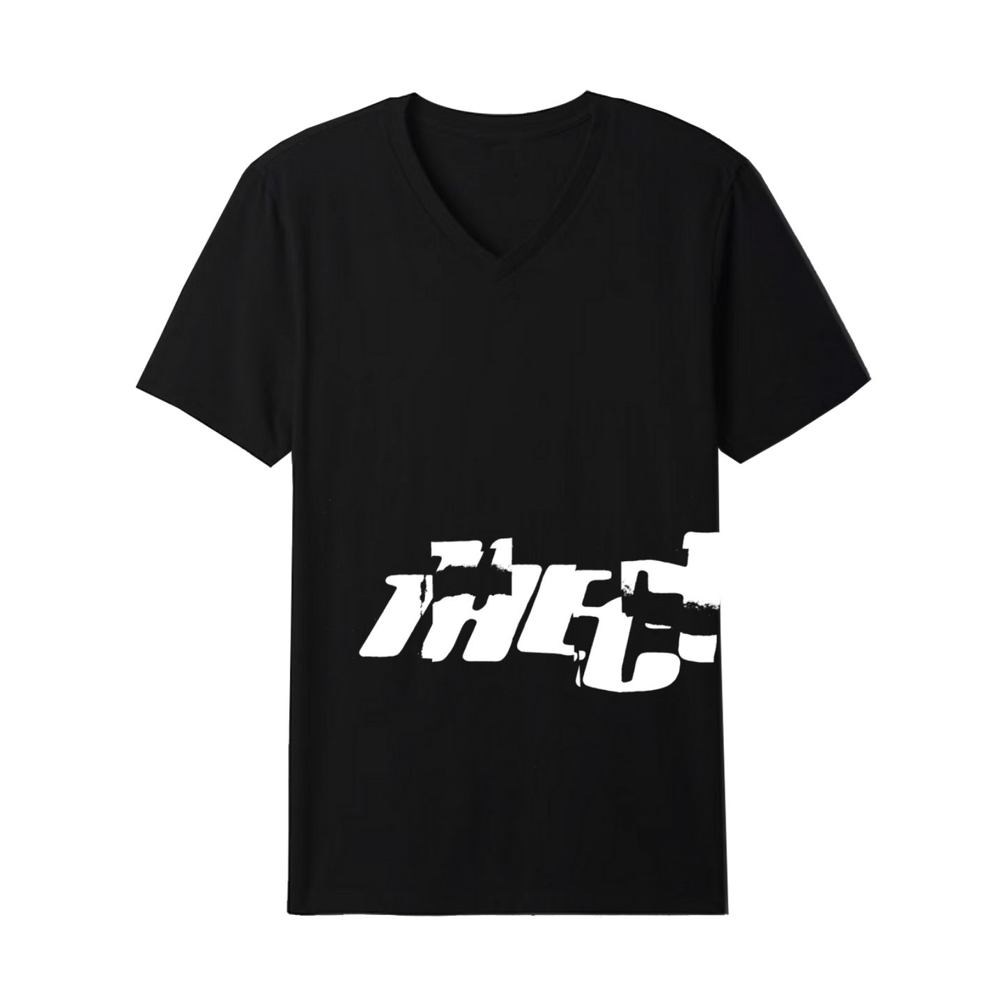 Unisex v-neck t-shirt in black featuring a cracked "The Cure" logo design in white that wraps from front to back on the left side, and Summer 2026 tour dates on the back