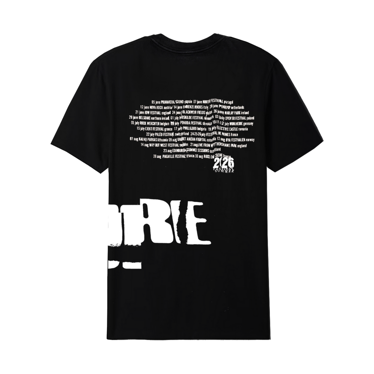Unisex v-neck t-shirt in black featuring a cracked "The Cure" logo design in white that wraps from front to back on the left side, and Summer 2026 tour dates on the back