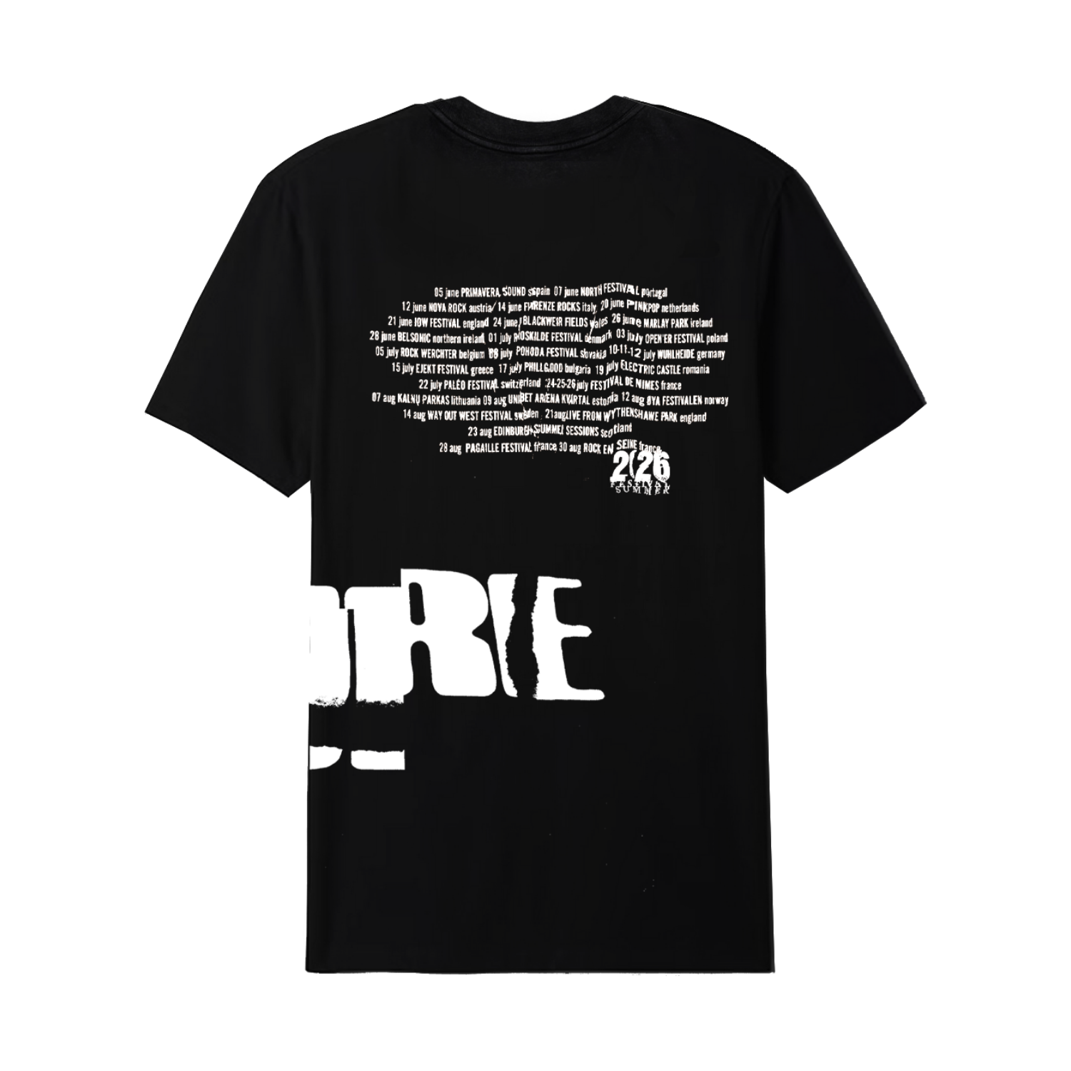 Unisex v-neck t-shirt in black featuring a cracked "The Cure" logo design in white that wraps from front to back on the left side, and Summer 2026 tour dates on the back