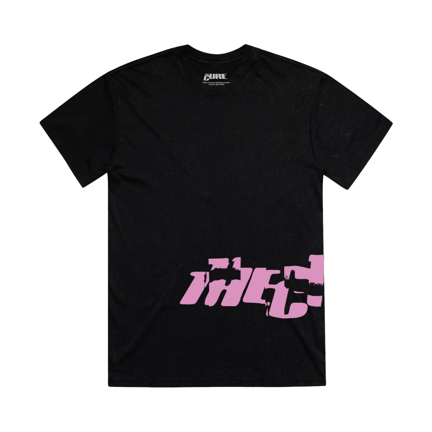 Classic fitting unisex t-shirt in black featuring a cracked "The Cure" logo design in pink that wraps from front to back on the left side, and Summer 2026 tour dates on the back