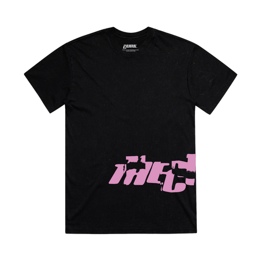 Classic fitting unisex t-shirt in black featuring a cracked "The Cure" logo design in pink that wraps from front to back on the left side, and Summer 2026 tour dates on the back