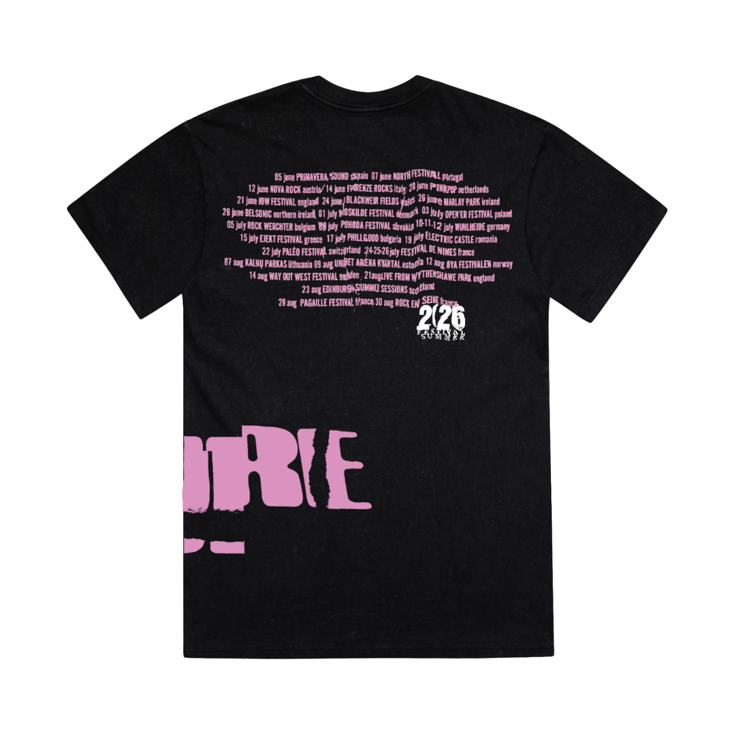 Classic fitting unisex t-shirt in black featuring a cracked "The Cure" logo design in pink that wraps from front to back on the left side, and Summer 2026 tour dates on the back