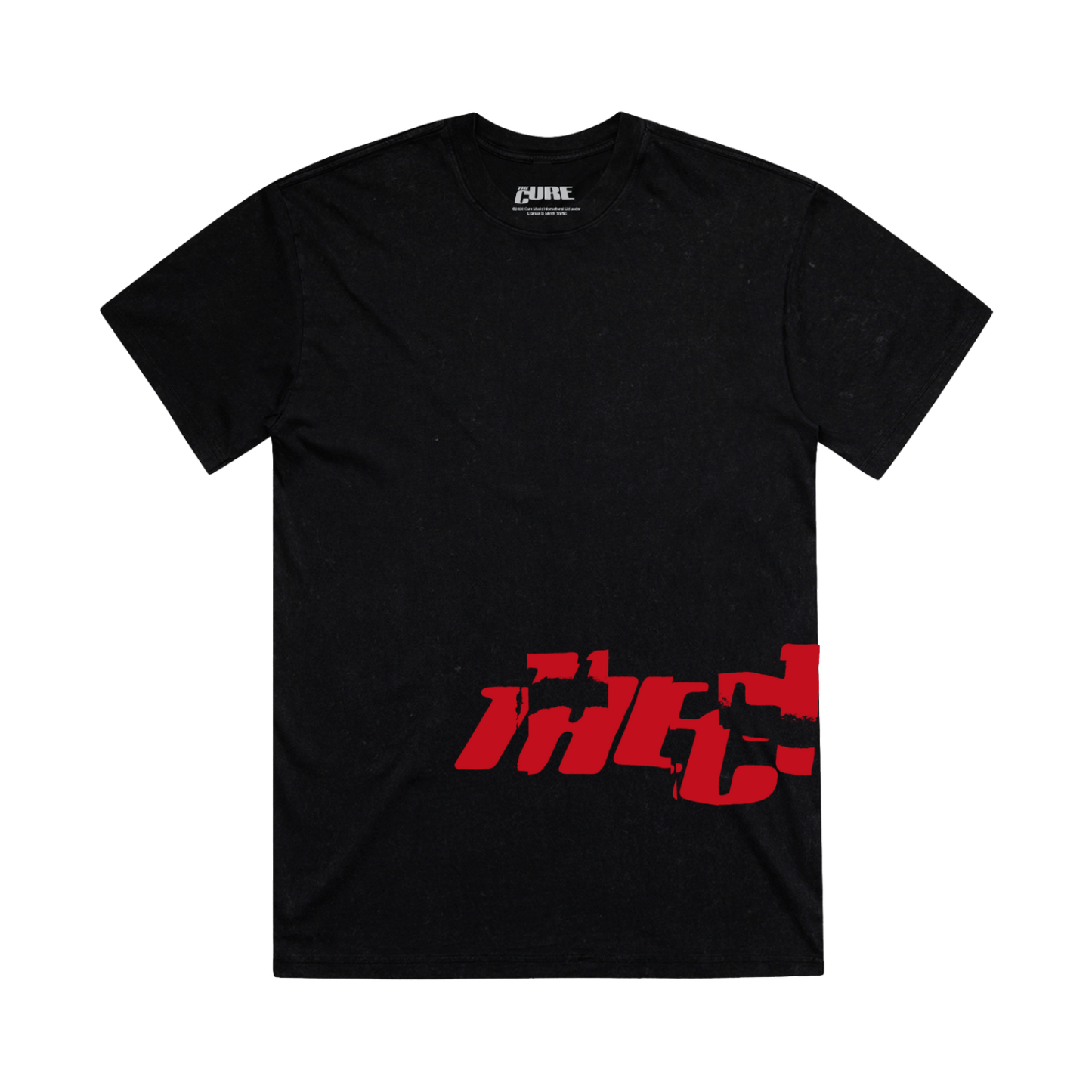 Classic fitting unisex t-shirt in black featuring a cracked "The Cure" logo design in red that wraps from front to back on the left side, and Summer 2026 tour dates on the back