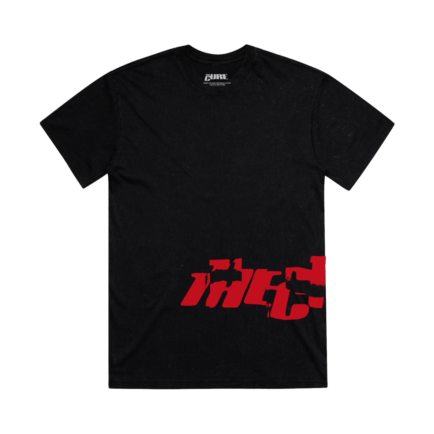 Classic fitting unisex t-shirt in black featuring a cracked "The Cure" logo design in red that wraps from front to back on the left side, and Summer 2026 tour dates on the back