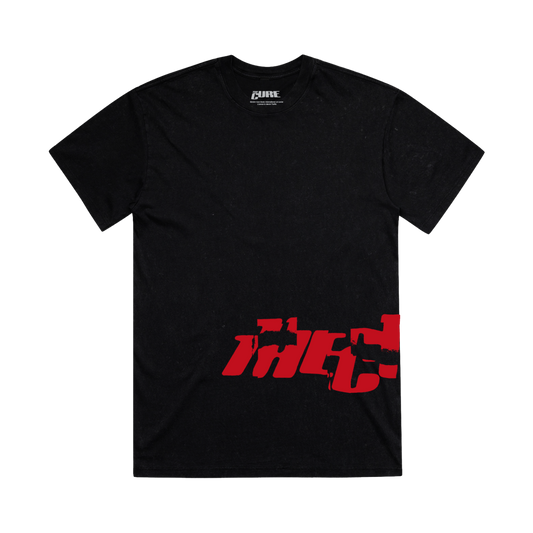 Classic fitting unisex t-shirt in black featuring a cracked "The Cure" logo design in red that wraps from front to back on the left side, and Summer 2026 tour dates on the back