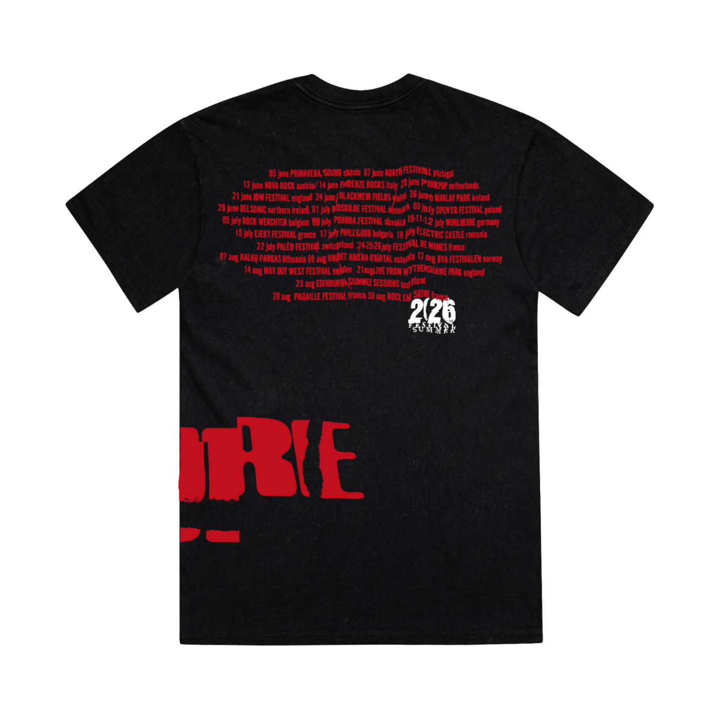 Classic fitting unisex t-shirt in black featuring a cracked "The Cure" logo design in red that wraps from front to back on the left side, and Summer 2026 tour dates on the back