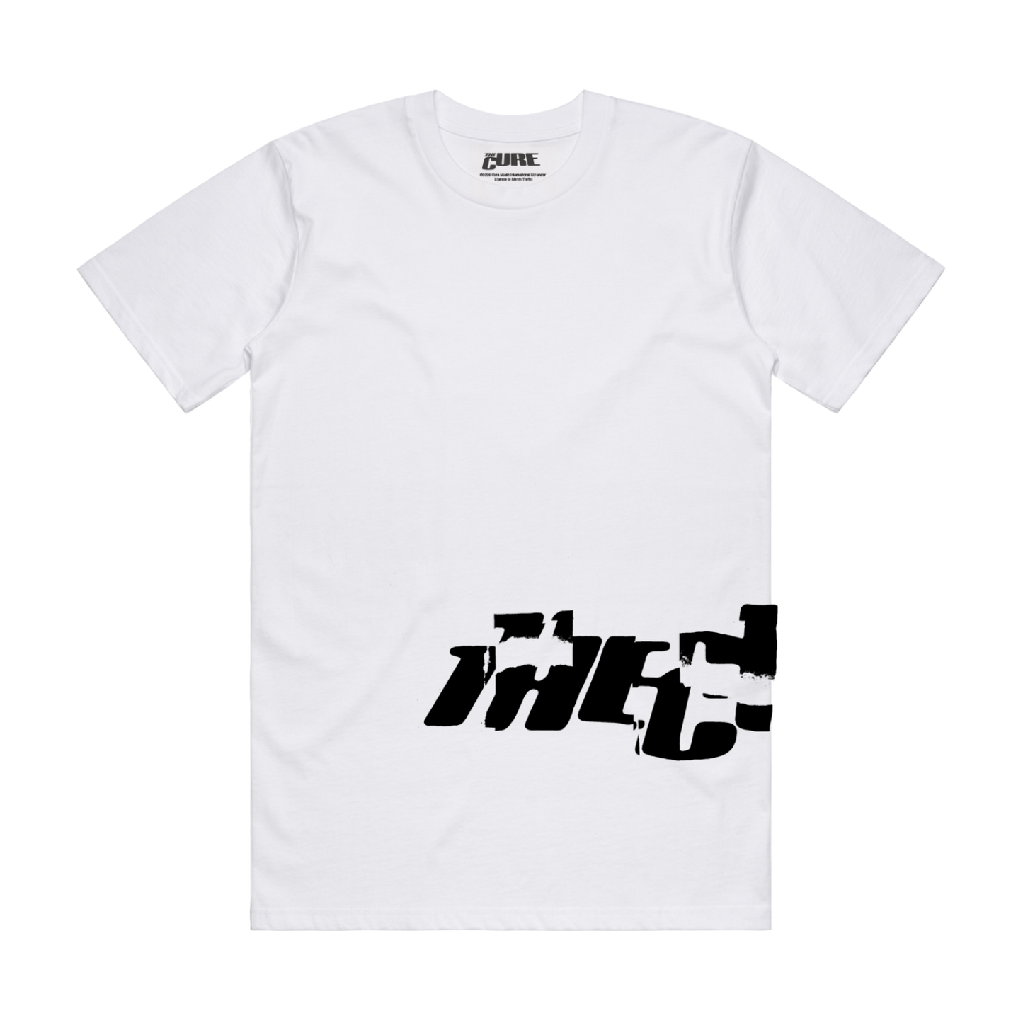 Classic fitting unisex t-shirt in white featuring a cracked "The Cure" logo design in black that wraps from front to back on the left side, with Summer 2026 tour dates printed on the back