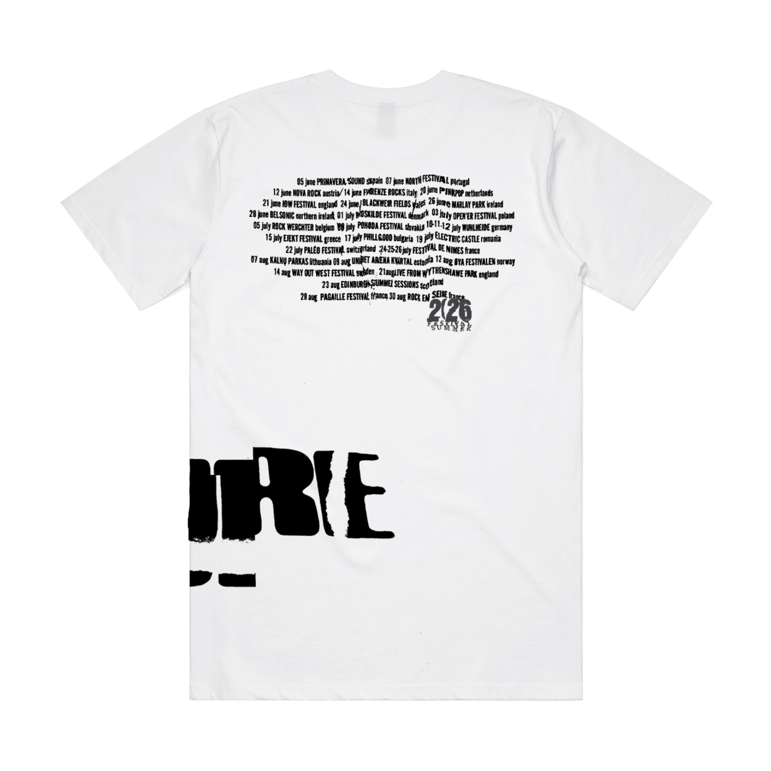 Classic fitting unisex t-shirt in white featuring a cracked "The Cure" logo design in black that wraps from front to back on the left side, with Summer 2026 tour dates printed on the back