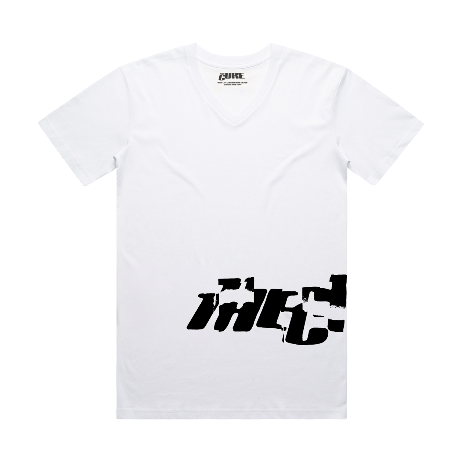 Unisex v-neck t-shirt in white featuring a cracked "The Cure" logo design in black that wraps from front to back on the left side, and Summer 2026 tour dates on the back