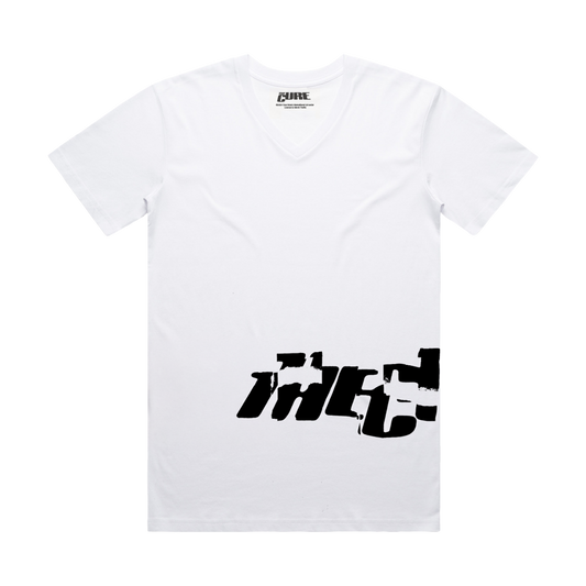 Unisex v-neck t-shirt in white featuring a cracked "The Cure" logo design in black that wraps from front to back on the left side, and Summer 2026 tour dates on the back
