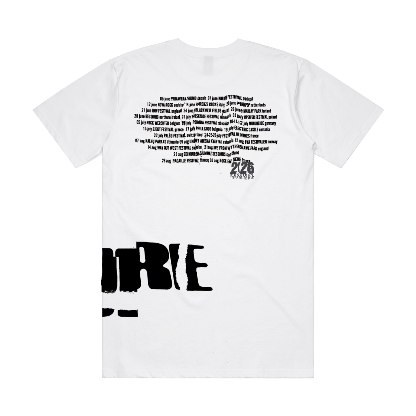 Unisex v-neck t-shirt in white featuring a cracked "The Cure" logo design in black that wraps from front to back on the left side, and Summer 2026 tour dates on the back