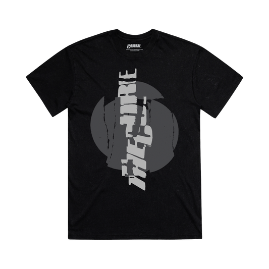Black unisex t-shirt featuring a cracked, vertical "The Cure" logo design in white on the front 