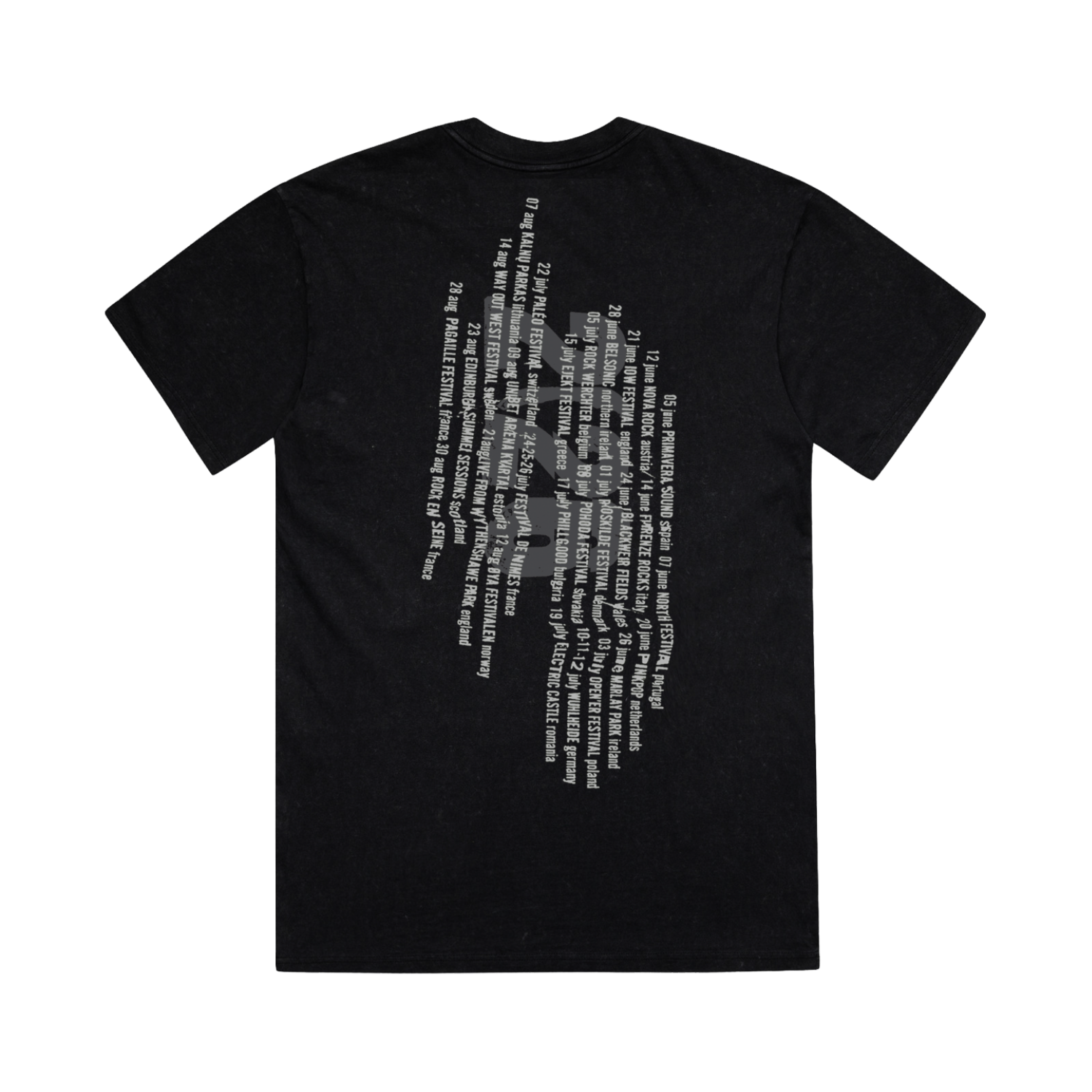 Black unisex t-shirt with Summer 2026 tour dates on the back in white and grey print