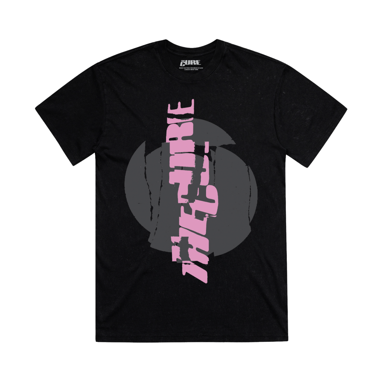 Classic fitting unisex t-shirt in black featuring a cracked, vertical "The Cure" logo design in pink on the front and tour dates on the back