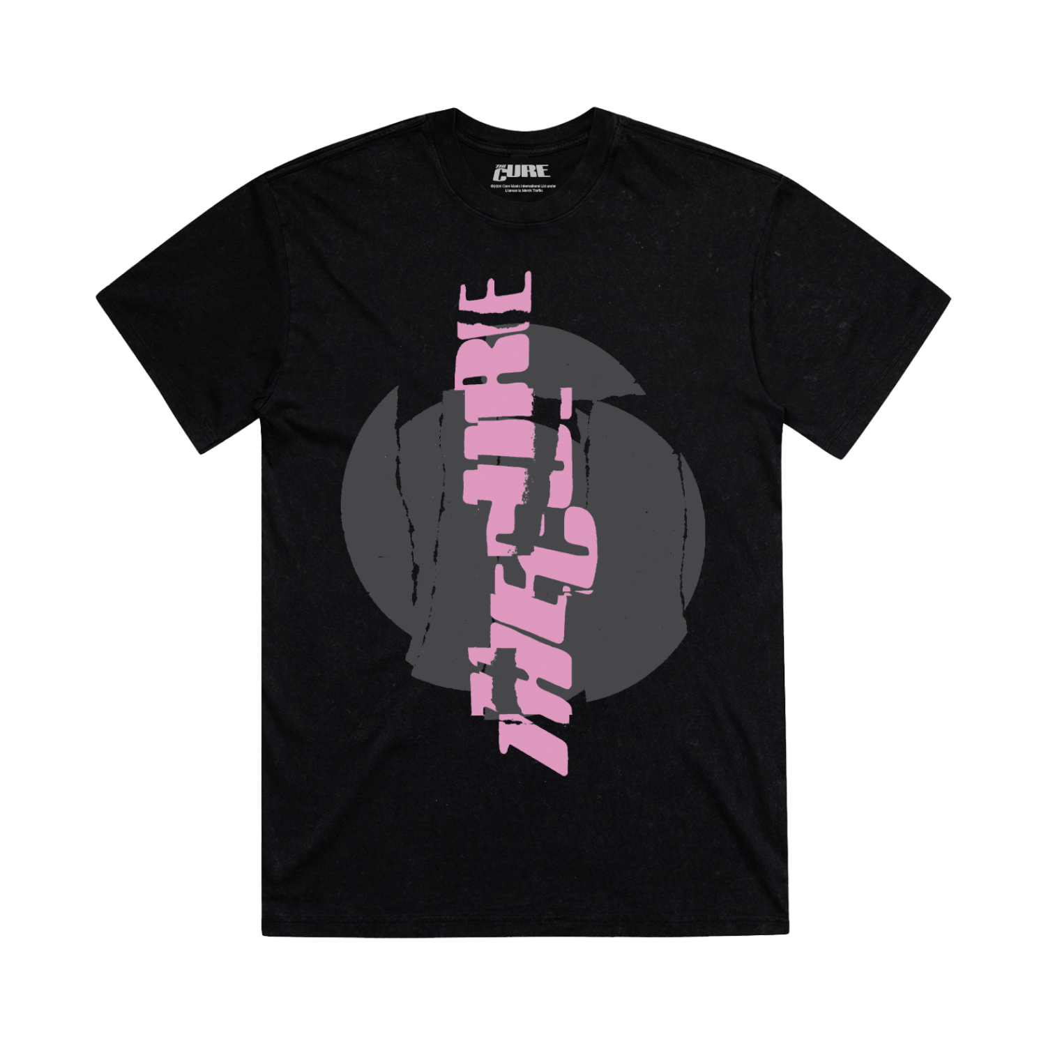 Classic fitting unisex t-shirt in black featuring a cracked, vertical "The Cure" logo design in pink on the front and tour dates on the back