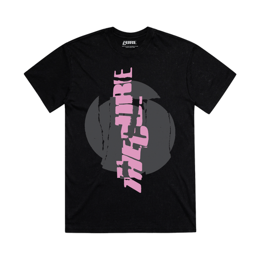 Classic fitting unisex t-shirt in black featuring a cracked, vertical "The Cure" logo design in pink on the front and tour dates on the back