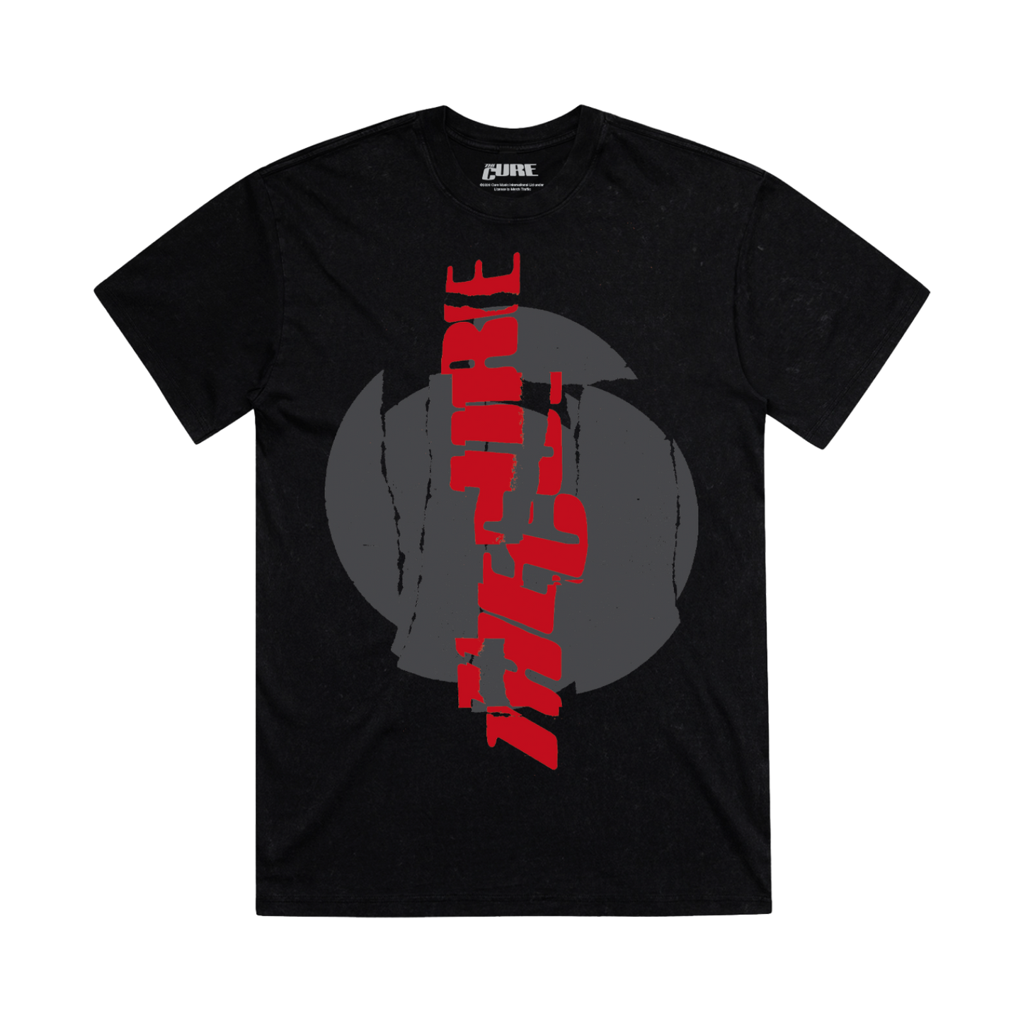 Classic fitting unisex t-shirt in black featuring a cracked, vertical "The Cure" logo design in red on the front