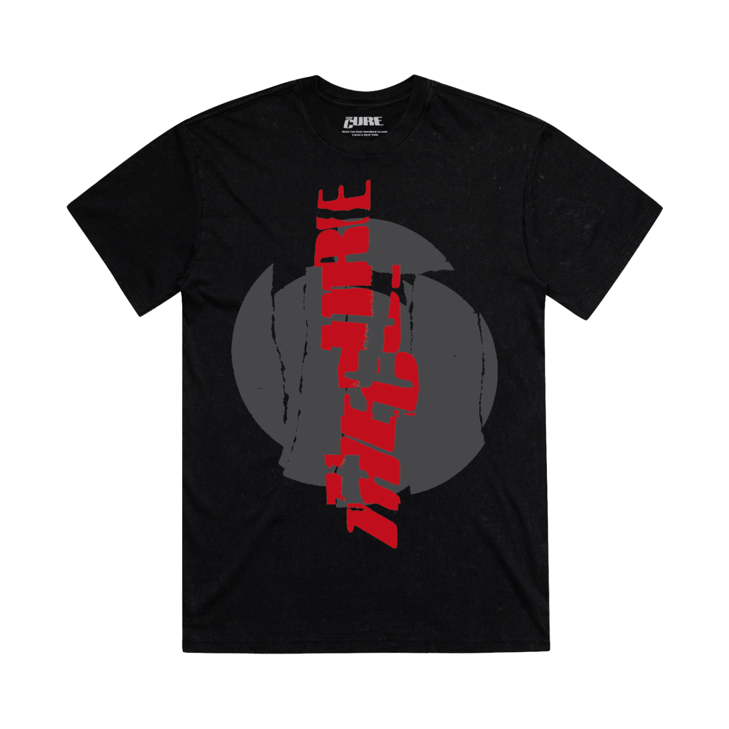 Classic fitting unisex t-shirt in black featuring a cracked, vertical "The Cure" logo design in red on the front