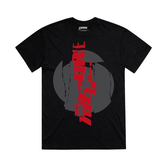 Classic fitting unisex t-shirt in black featuring a cracked, vertical "The Cure" logo design in red on the front