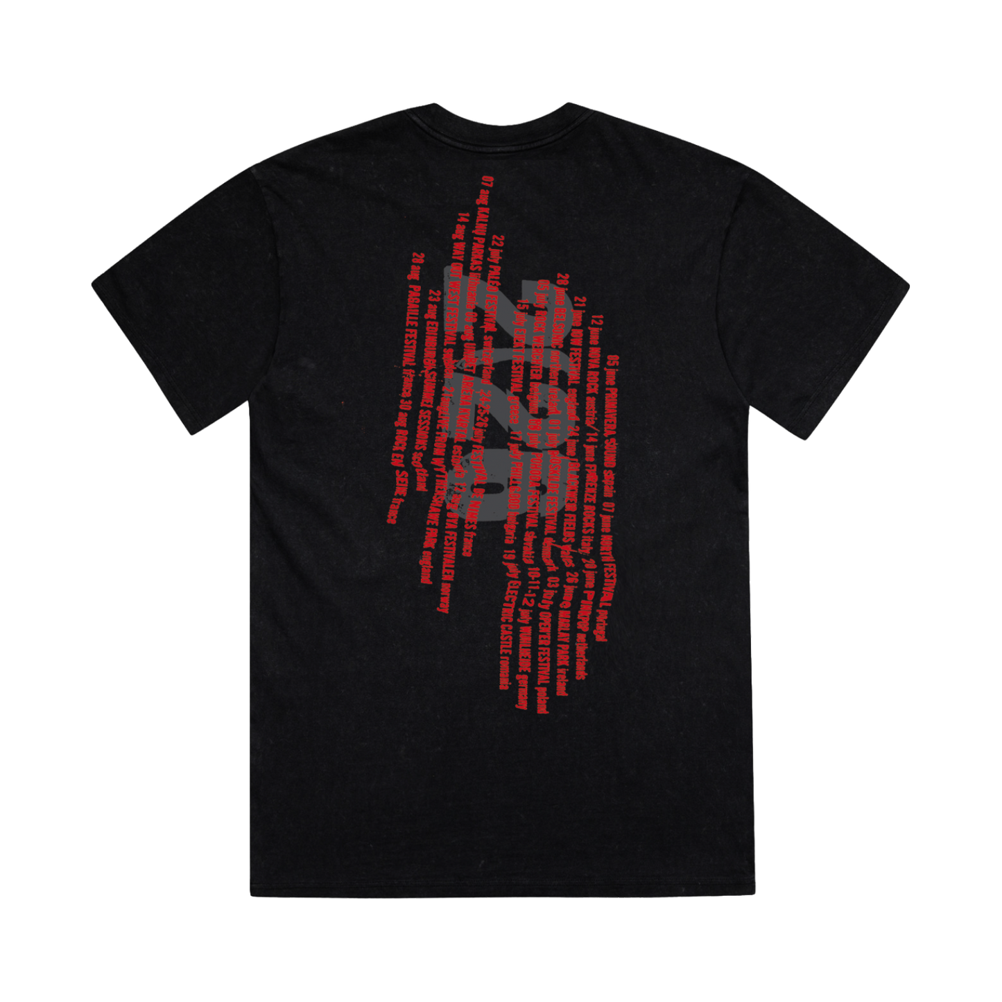 Classic fitting unisex t-shirt in black featuring aSummer 2026 tour dates on the back in red and grey print.