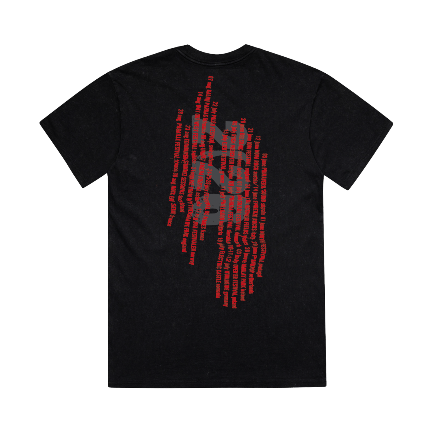 Classic fitting unisex t-shirt in black featuring aSummer 2026 tour dates on the back in red and grey print.