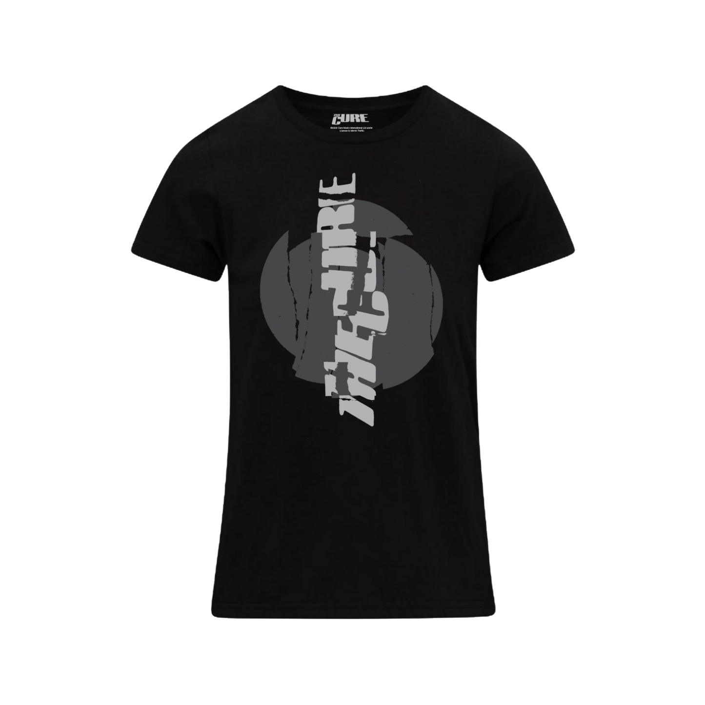 Women's t-shirt in black featuring a cracked, vertical "The Cure" logo design in white on the front and Summer 2026 tour dates on the back