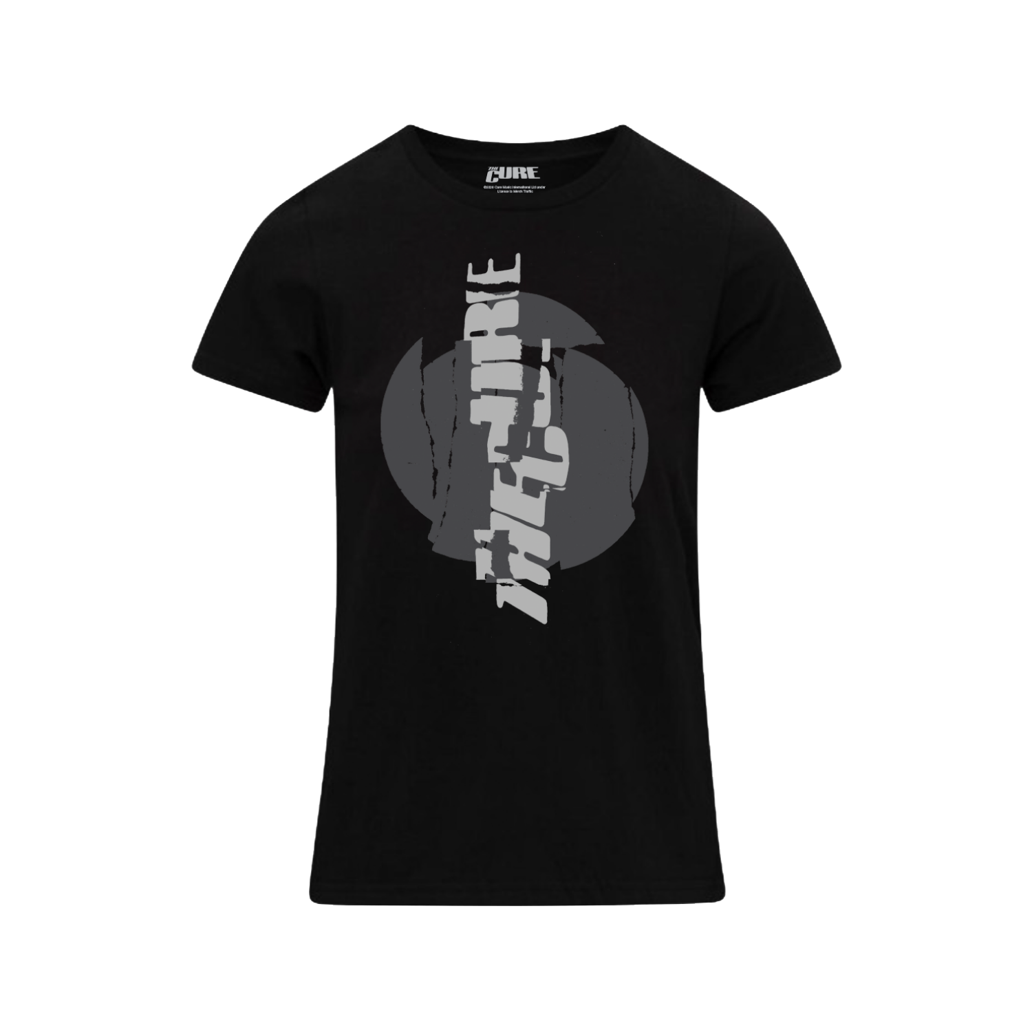 Women's t-shirt in black featuring a cracked, vertical "The Cure" logo design in white on the front and Summer 2026 tour dates on the back