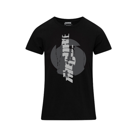 Women's t-shirt in black featuring a cracked, vertical "The Cure" logo design in white on the front and Summer 2026 tour dates on the back