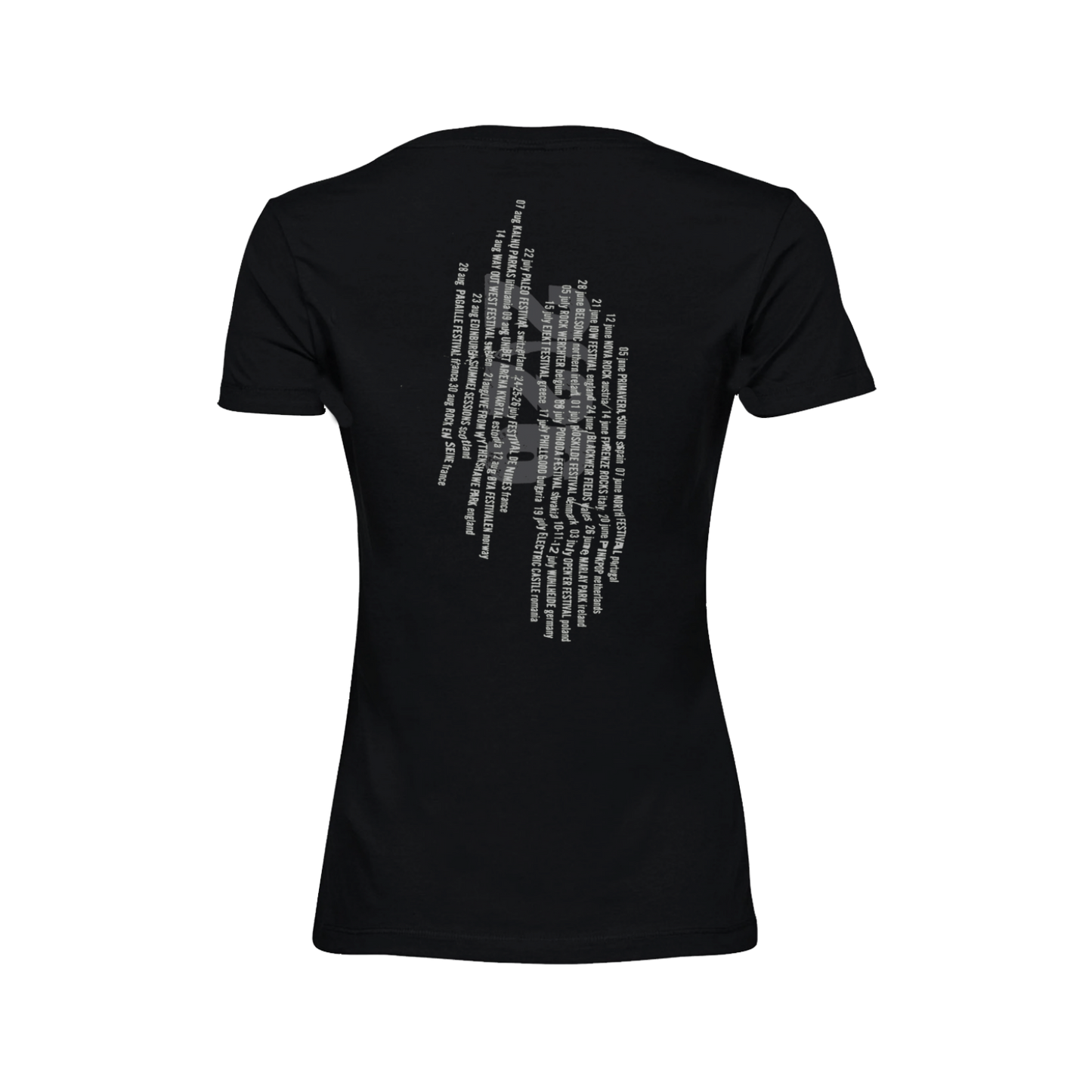 Women's t-shirt in black featuring a cracked, vertical "The Cure" logo design in white on the front and Summer 2026 tour dates on the back