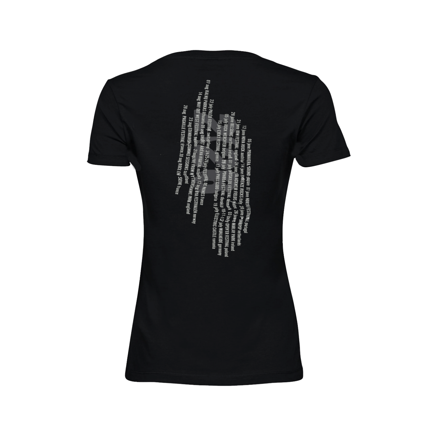 Women's t-shirt in black featuring a cracked, vertical "The Cure" logo design in white on the front and Summer 2026 tour dates on the back