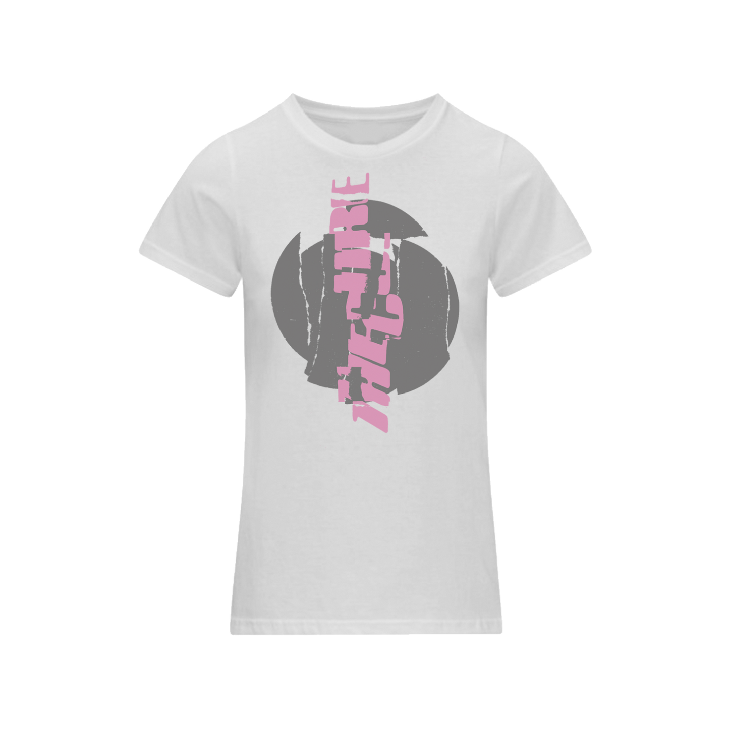 White women's t-shirt featuring a cracked, vertical "The Cure" logo design in pink on the front and Summer 2026 tour dates on the back
