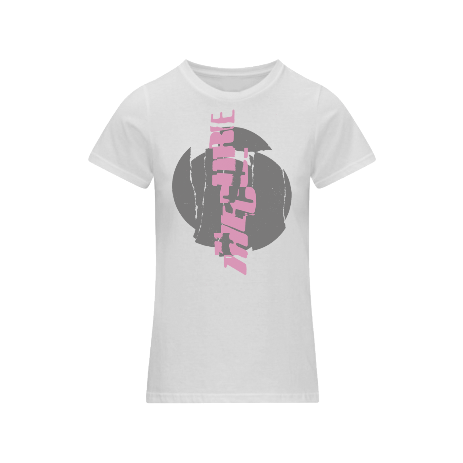 White women's t-shirt featuring a cracked, vertical "The Cure" logo design in pink on the front and Summer 2026 tour dates on the back