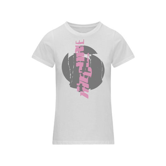 White women's t-shirt featuring a cracked, vertical "The Cure" logo design in pink on the front and Summer 2026 tour dates on the back