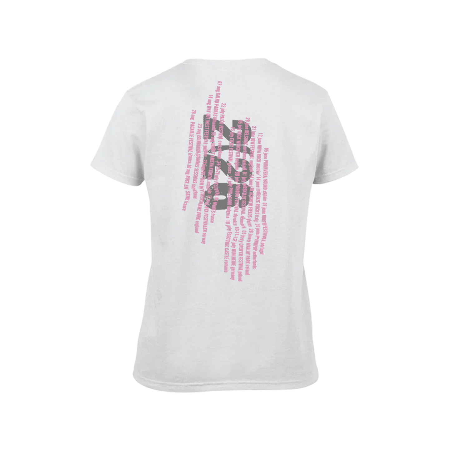 White women's t-shirt featuring a cracked, vertical "The Cure" logo design in pink on the front and Summer 2026 tour dates on the back