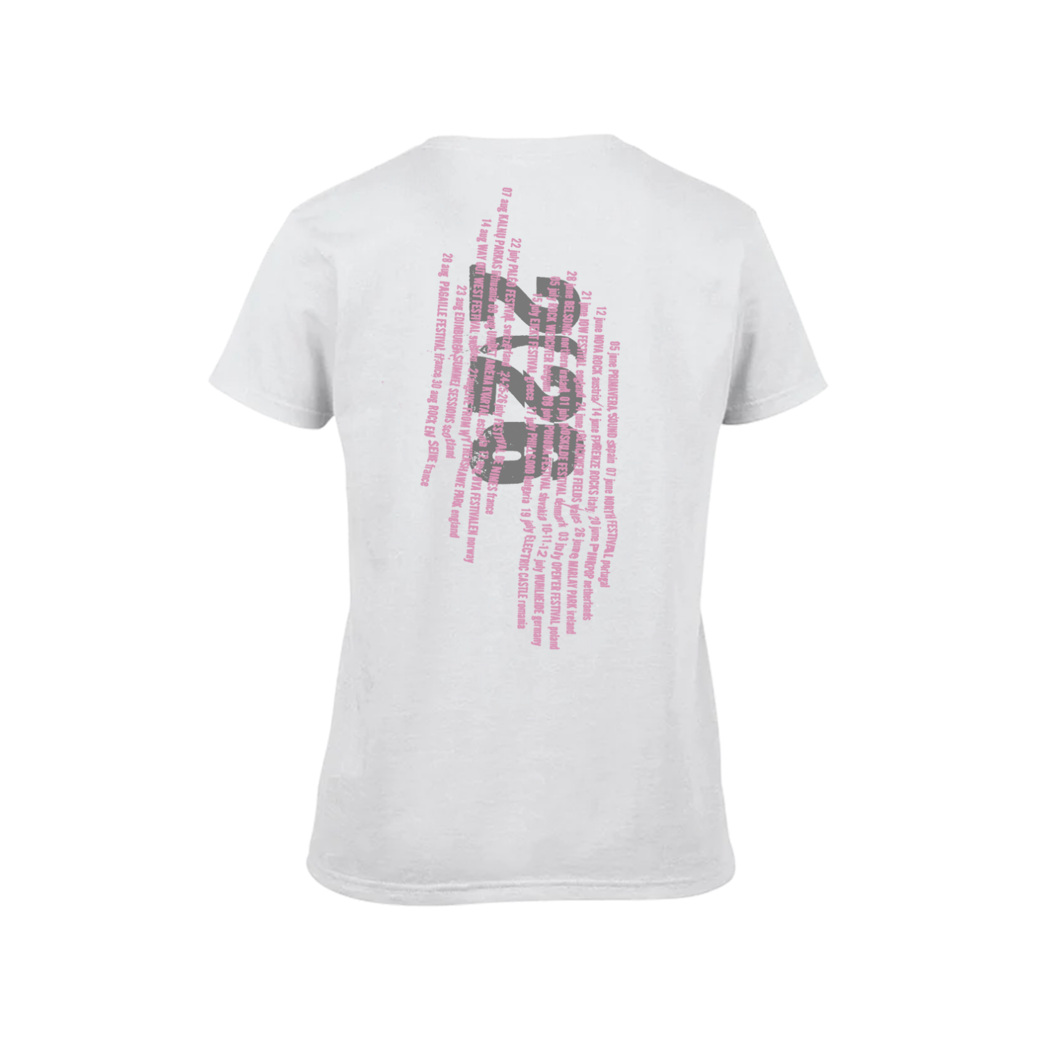 White women's t-shirt featuring a cracked, vertical "The Cure" logo design in pink on the front and Summer 2026 tour dates on the back