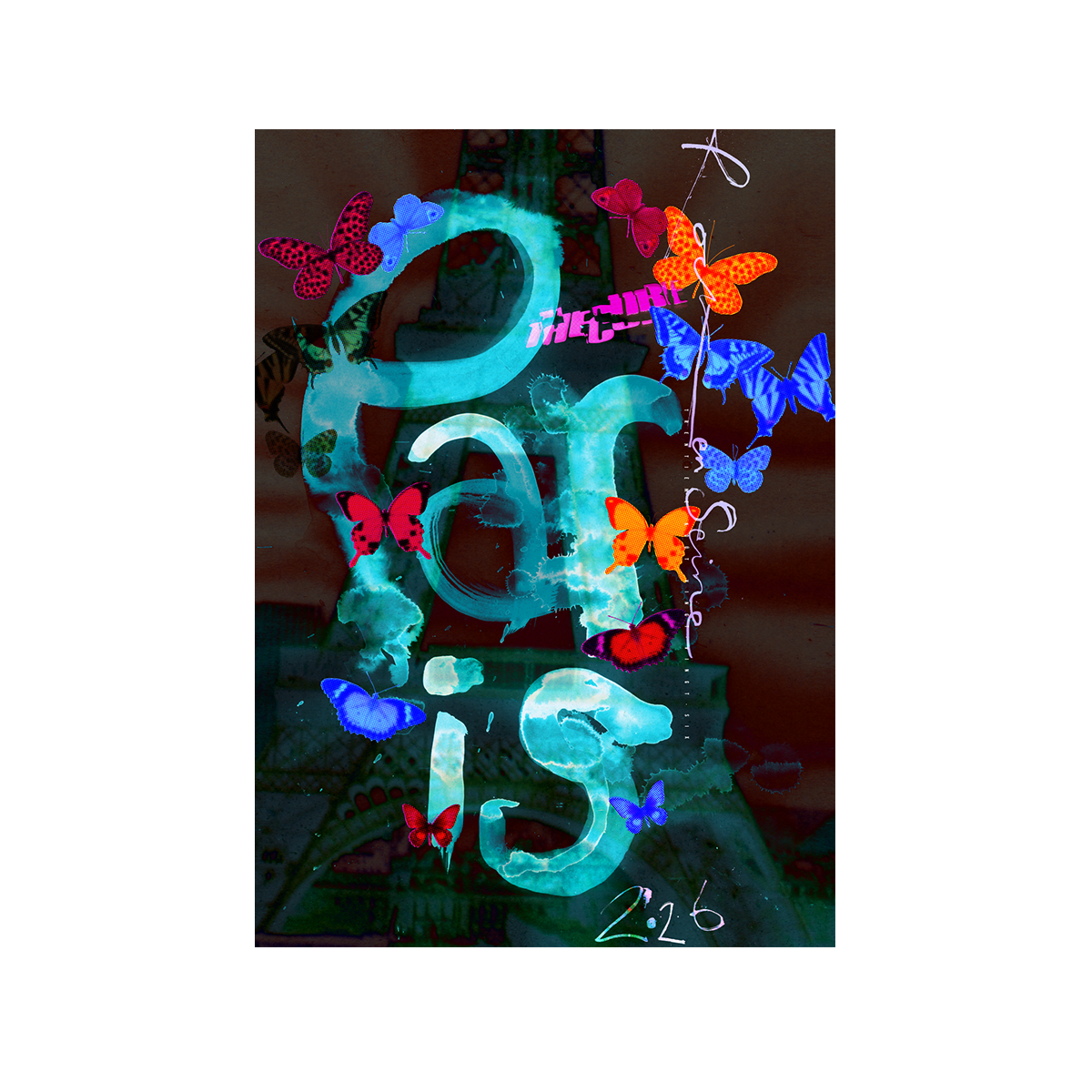 A colorful Paris-themed art print or poster featuring the word 'Paris' in glowing teal letters, decorated with vibrant neon-style butterflies in blue, orange, red, and pink, and a dark Eiffel Tower silhouette in the background.