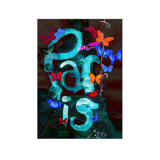 A colorful Paris-themed art print or poster featuring the word 'Paris' in glowing teal letters, decorated with vibrant neon-style butterflies in blue, orange, red, and pink, and a dark Eiffel Tower silhouette in the background.